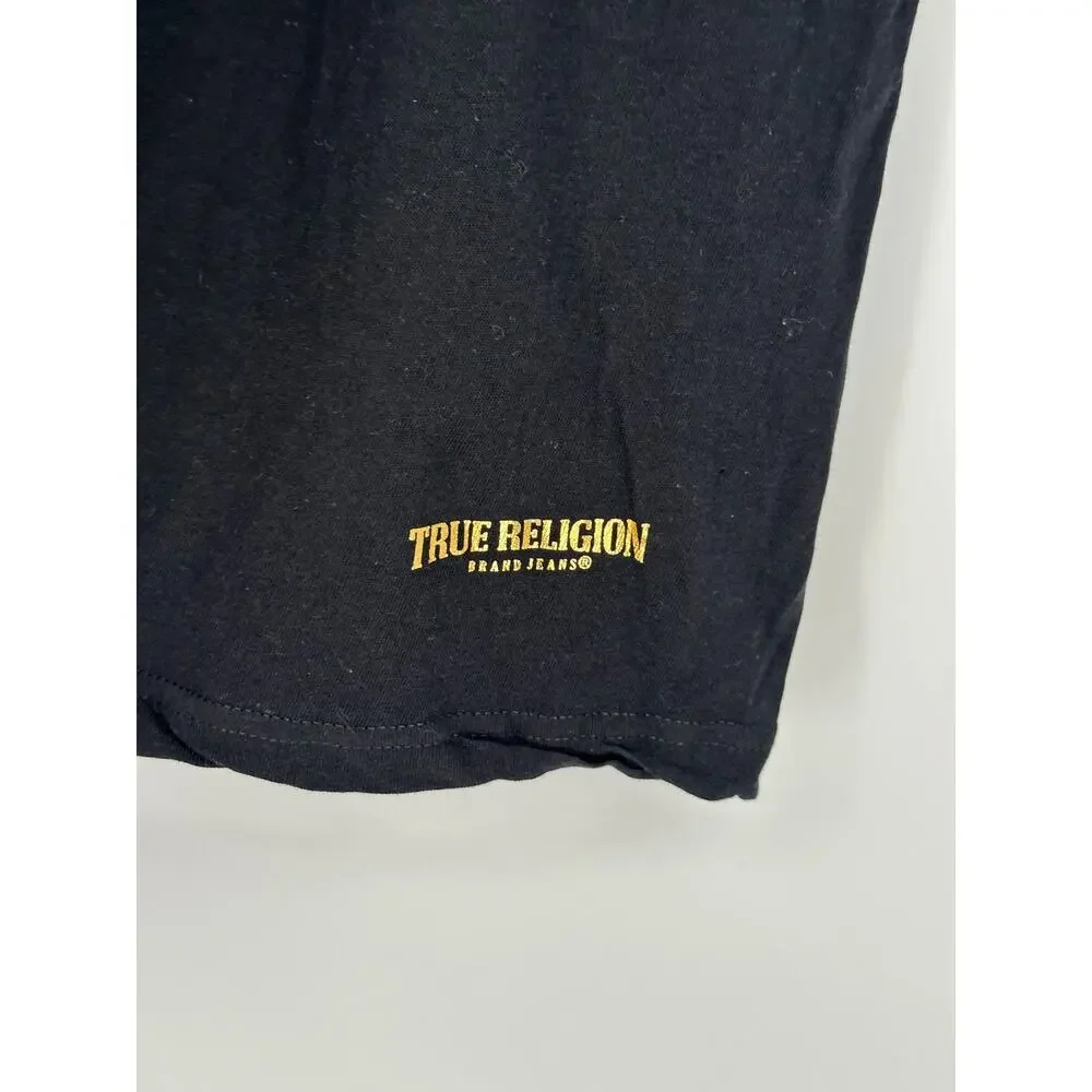 True Religion Men XL Black Gold Foil Buddha Logo Graphic T-Shirt Streetwear